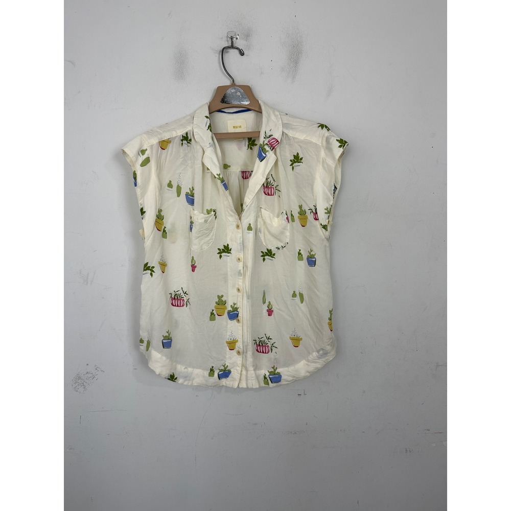 Maeve Anthropologie Cactus Succulent Print Rayon Button Down Shirt Cream Large